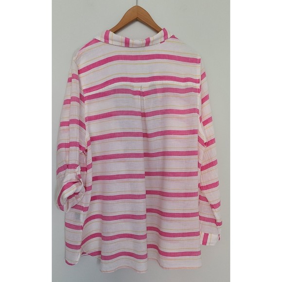 Lane Bryant Linen Cotton Button Up Shirt 22/24 White Pink Yellow Roll-Up Sleeve - Picture 3 of 6